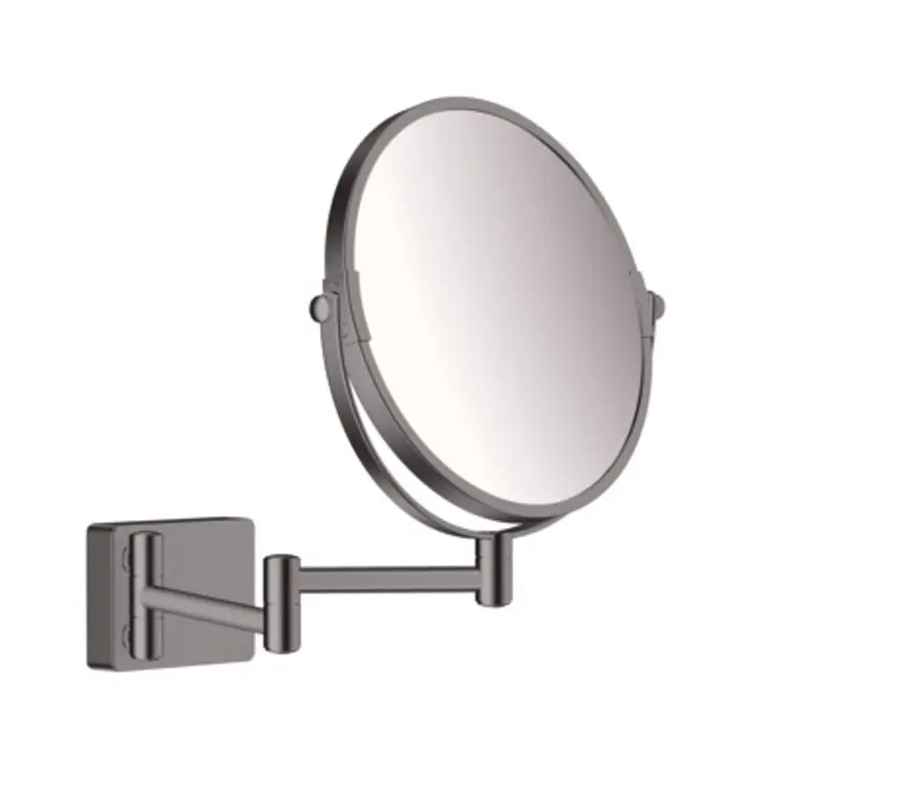 Rasierpiegel mit drehbarem Arm in gebürstetem Schwarz-Chrom, an der Wand montiert. Von Hansgrohe, geeignet für Badezimmeranwendungen.